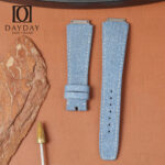 Denim canvas watch strap for Richard Mille RM 67 01 showing both long and short pieces in light blue denim with white stitching