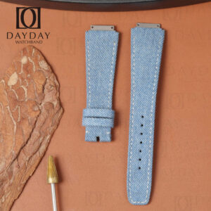 Denim canvas watch strap for Richard Mille RM 67-01 showing both long and short pieces in light blue denim with white stitching