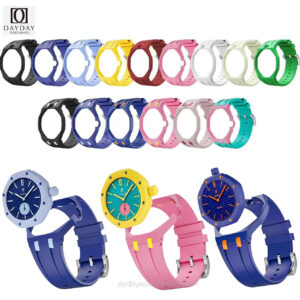 DAYDAYWATCHBAND aftermarket case and strap for Swatch AP Royal Pop collection — multicolor bioceramic connector shells and Silicone wristband for AP Swatch, showing 15+ color options including navy blue, yellow, pink, green and red, with three assembled watch conversion kits displayed