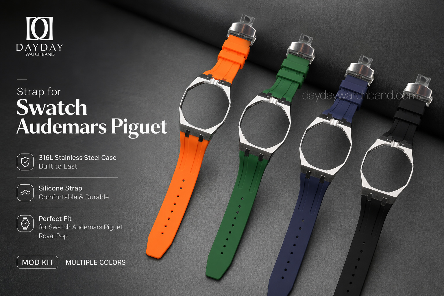 Stainless Steel Case Silicone Band for Swatch x AP Royal Pop Multiple Colors