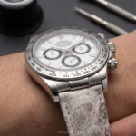 Himalayan alligator leather strap for Rolex Daytona worn on wrist — custom lug width for a perfect gap-free fit between strap and case.