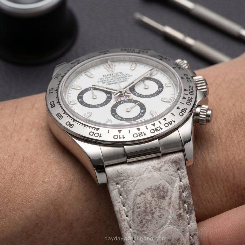 Himalayan alligator leather strap for Rolex Daytona worn on wrist — custom lug width for a perfect gap-free fit between strap and case.