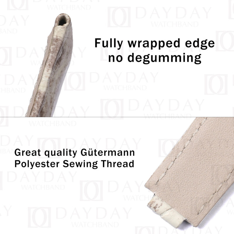 Himalayan alligator leather strap for Rolex showing fully wrapped edge finish and Gütermann polyester stitching on calfskin lining.