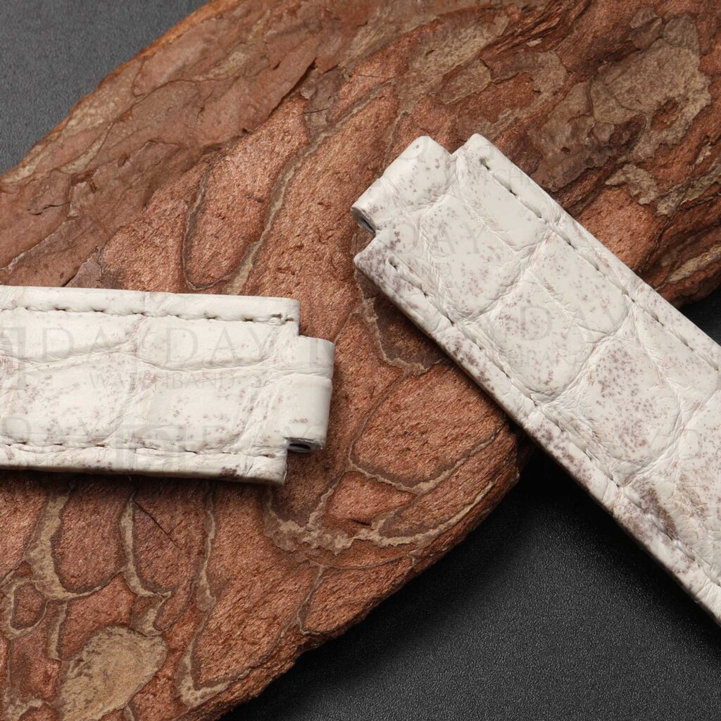 Alligator leather watch strap for Rolex Daytona — deployant clasp compatible tail end in himalayan white, fits Rolex Submariner folding buckle.