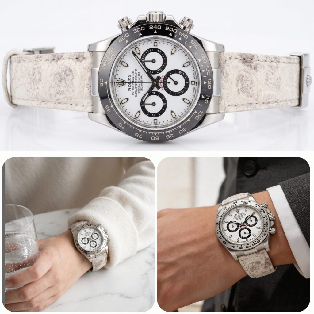 Alligator leather watch strap for Rolex Daytona in himalayan white — product shot and two on-wrist lifestyle views in casual and formal wear.