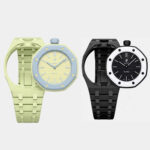 Bioceramic casestrap for Swatch AP Royal Pop — lime green and matte black colorways displayed side by side