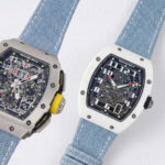 Blue denim watch strap custom-made for multiple Richard Mille models including RM 11-03 titanium and white ceramic variant, showing versatile denim canvas replacement watch strap that pairs beautifully with any Richard Mille case