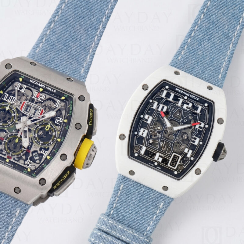 Blue denim watch strap custom-made for multiple Richard Mille models including RM 11-03 titanium and white ceramic variant, showing versatile denim canvas replacement watch strap that pairs beautifully with any Richard Mille case