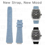 Blue denim watch strap for Richard Mille RM 67 01 with tagline New Strap New Mood, showing full strap set alongside RM 67-01 fitted with denim canvas replacement strap and original rubber strap version