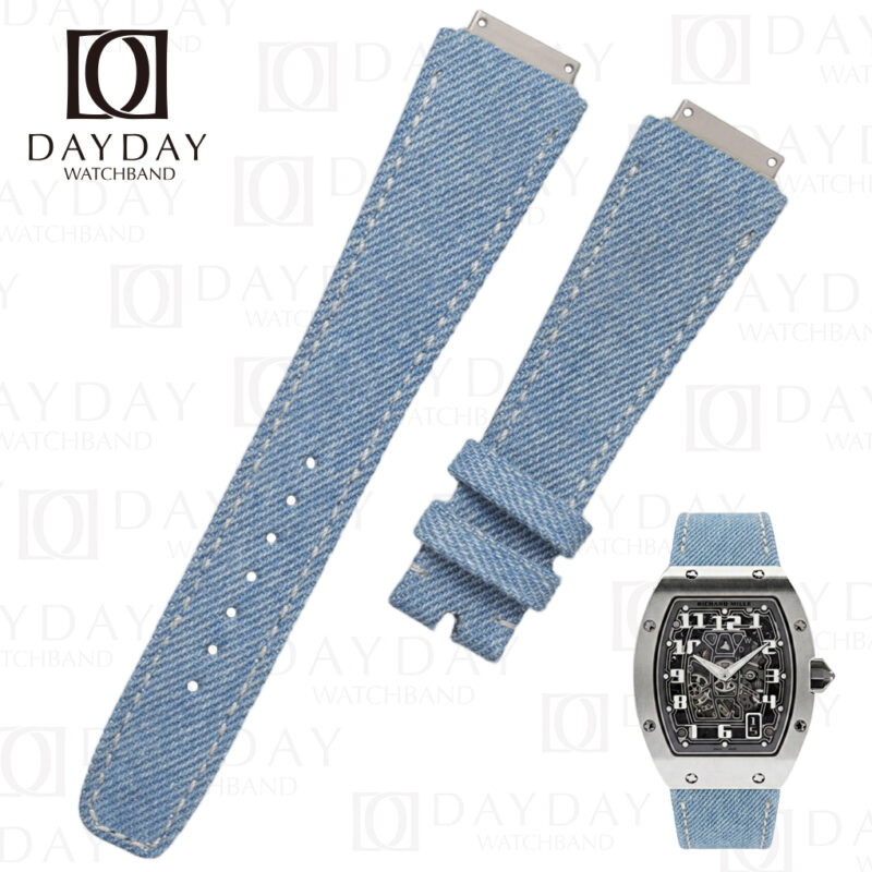 Blue denim watch strap perfectly fitted on Richard Mille RM 67 01 skeleton watch, showing before and after comparison with original black rubber strap, by Daydaywatchband