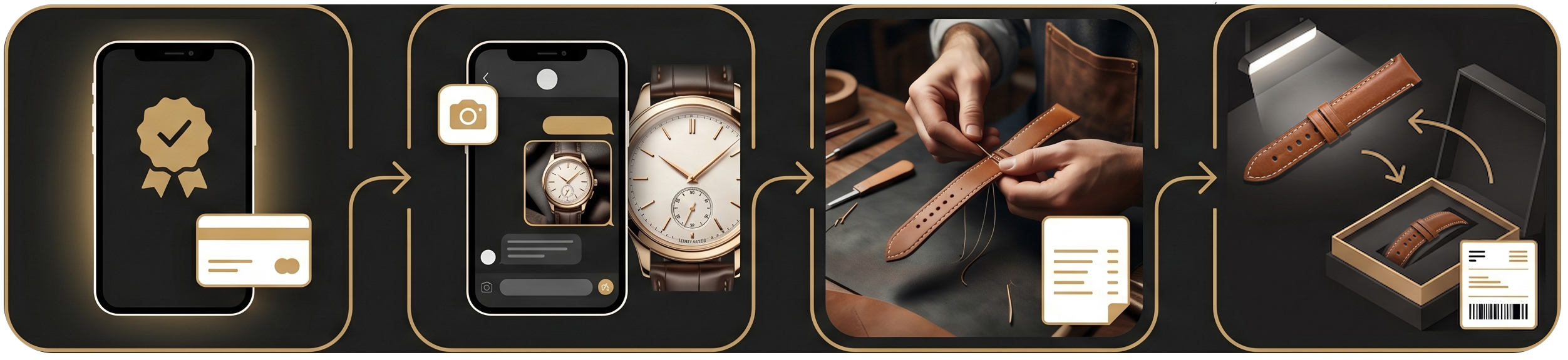 Four-step order process for custom made strap for luxury watches at Daydaywatchband — place order, send watch photo, handcraft production, packaged and shipped