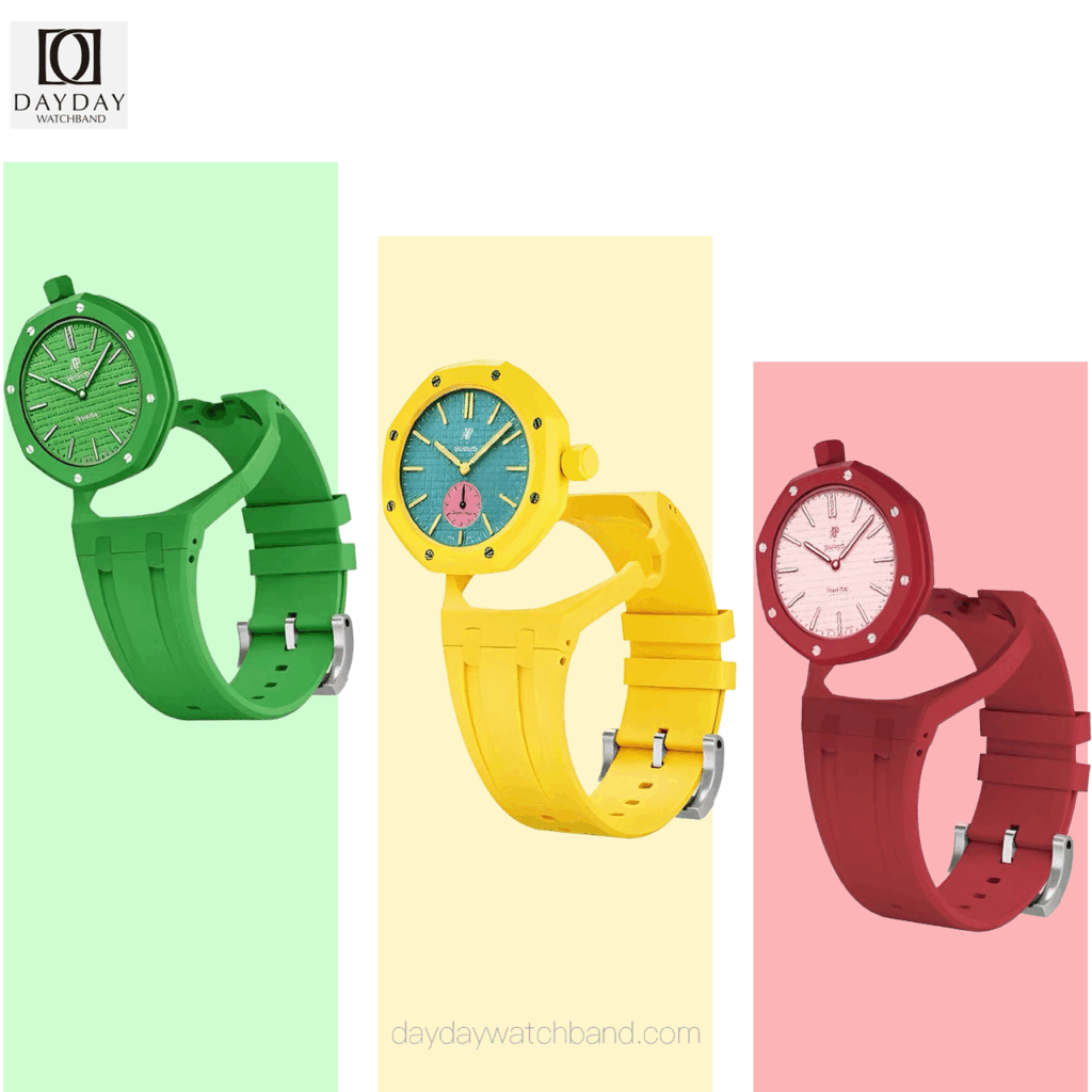 DAYDAYWATCHBAND bioceramic case and silicone strap for the Swatch x AP Royal Pop in three colorways — green, yellow, and red rubber band conversion kit with assembled pocket watch display