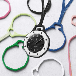 Multicolor neck strap and leather ring holder for AP Swatch Royal Pop — 8 colorways including green, blue, black, white and pink, shown with adjustable lanyard for Swatch AP Royal Pop pocket watch conversion, displayed flat and assembled