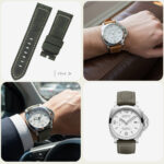 Olive green panerai suede strap worn on wrist with Panerai Luminor Marina, shown in two customer lifestyle shots.