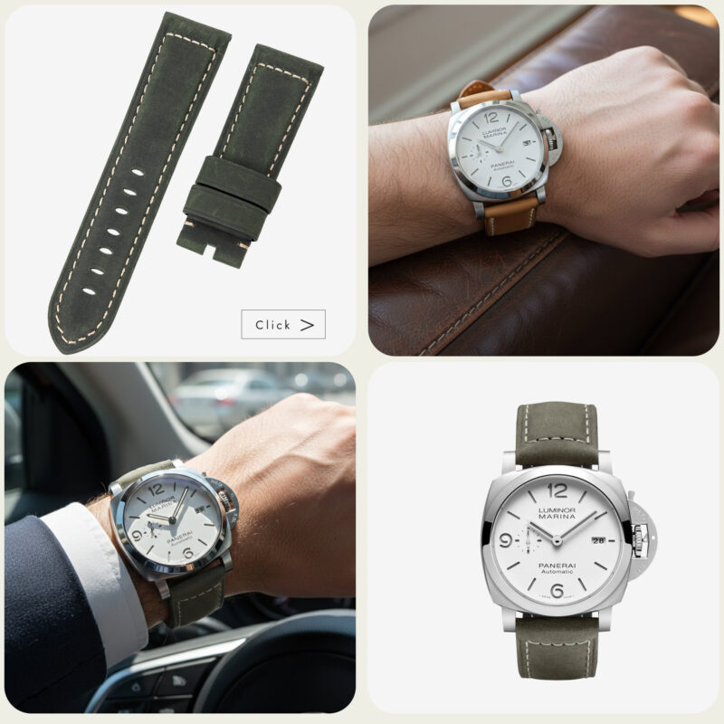 Olive green panerai suede strap worn on wrist with Panerai Luminor Marina, shown in two customer lifestyle shots.
