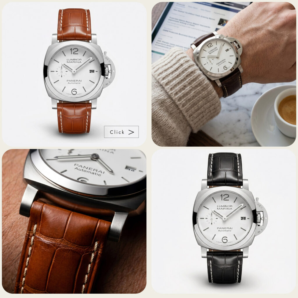 Handmade alligator panerai leather strap in brown and black worn on Panerai Luminor Marina, with close-up texture detail.