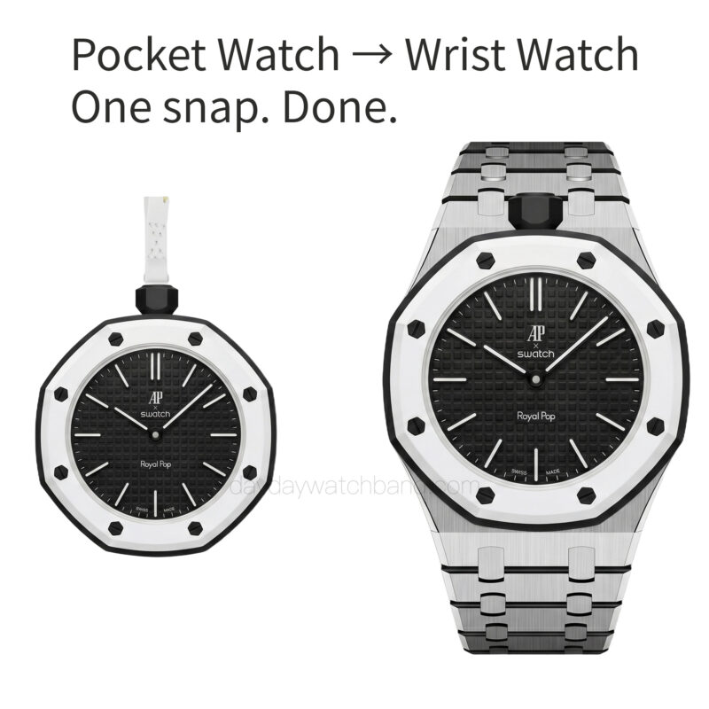 Swatch AP Royal Pop black pocket watch converted to wrist watch with stainless steel case and bracelet