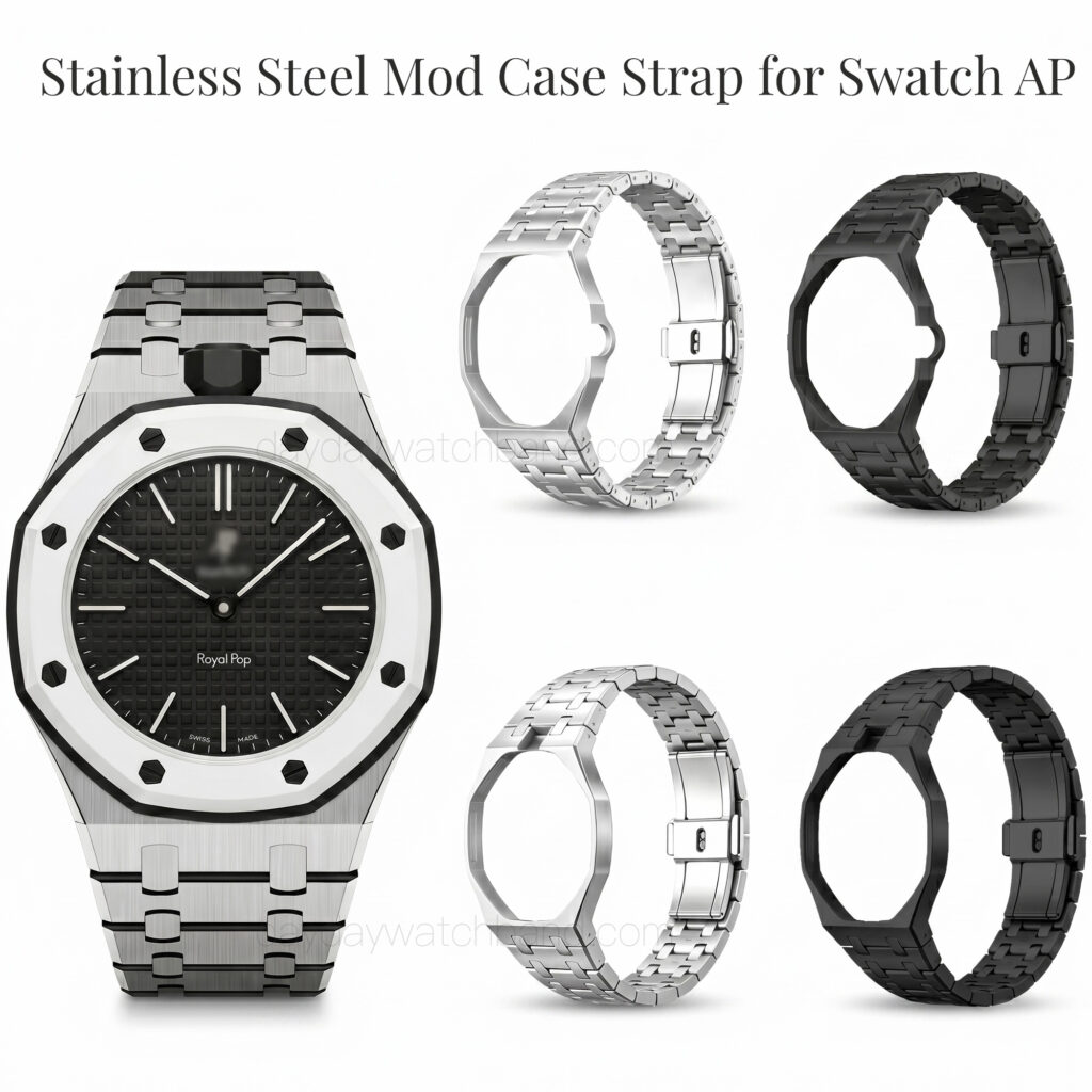 Stainless Steel Case strap for Swatch x AP Royal Pop with integrated steel bracelet conversion kit