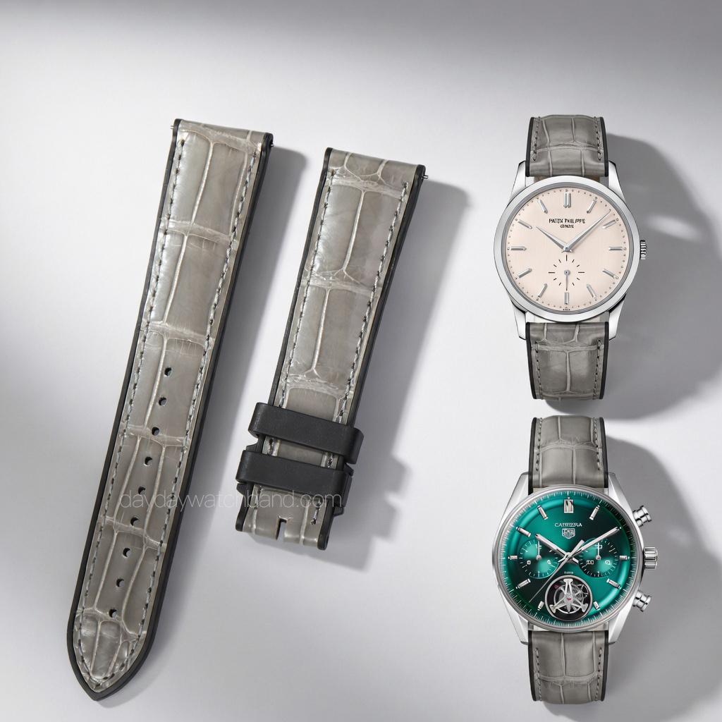 Custom Crocodile Leather Strap with Rubber Lining for 20mm, 21mm, 22mm 15 Custom-crocodile-leather-strap-with-Black-rubber-lining-for-20mm