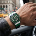 Green watch strap for Vanguard on wrist — Franck Muller Vanguard Yachting