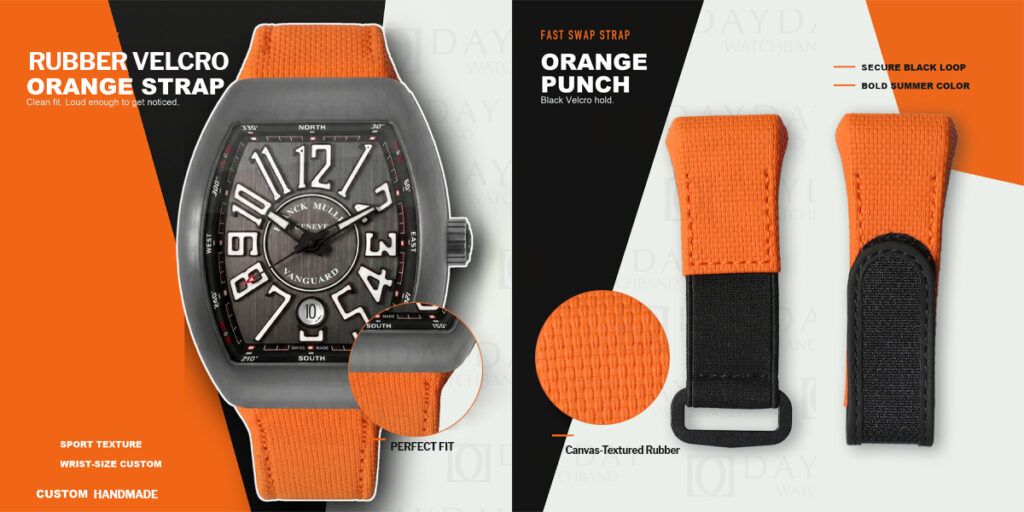 Handcrafted rubber watch strap for Vanguard in orange — canvas-texture upper, black velcro loop, Italian calfskin lining, custom fit for Franck Muller Vanguard V45 V41 V35 V32