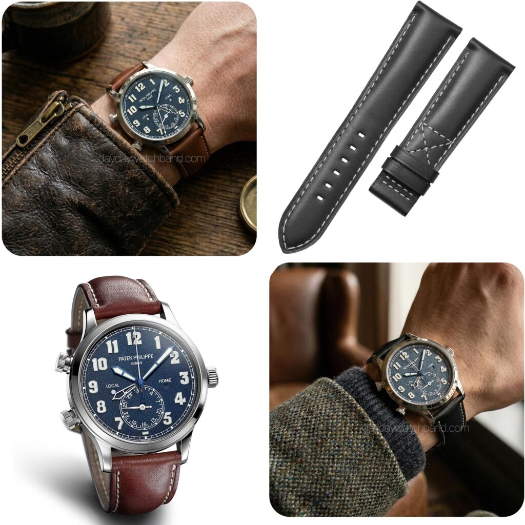 Custom calfskin Leather strap for Patek Philippe 5524 (Multi-color) 21 Leather strap for Patek Philippe Calatrava 5524 in brown and black calfskin – multiple color options shown on watch and as product flat lay