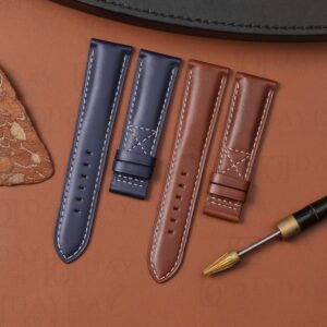 Leather strap for Patek Philippe – handmade calfskin navy blue and brown watch band with Calatrava cross-stitch