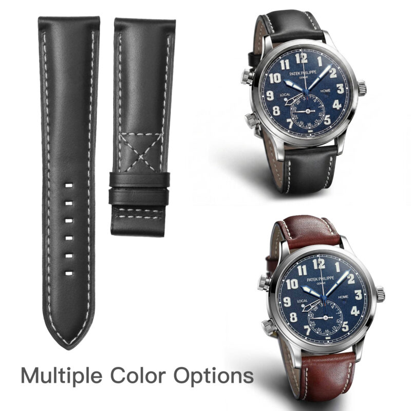 black and brown calfskin Leather watch band for Patek 5524G Calatrava Pilot Travel Time watches