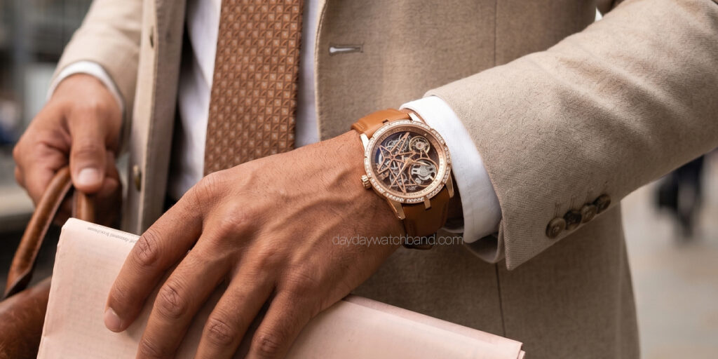 Leather watch strap for Roger Dubuis Excalibur in cognac calfskin on rose gold diamond skeleton model, worn with beige suit at train station