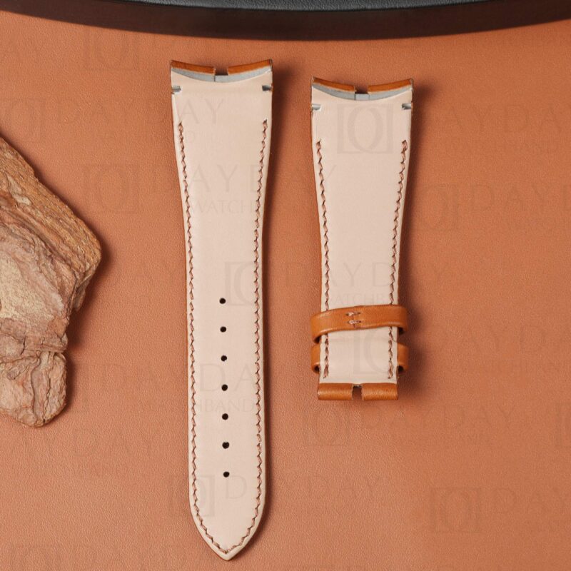 Back side of brown cowhide watch strap for Roger Dubuis Excalibur with beige leather lining