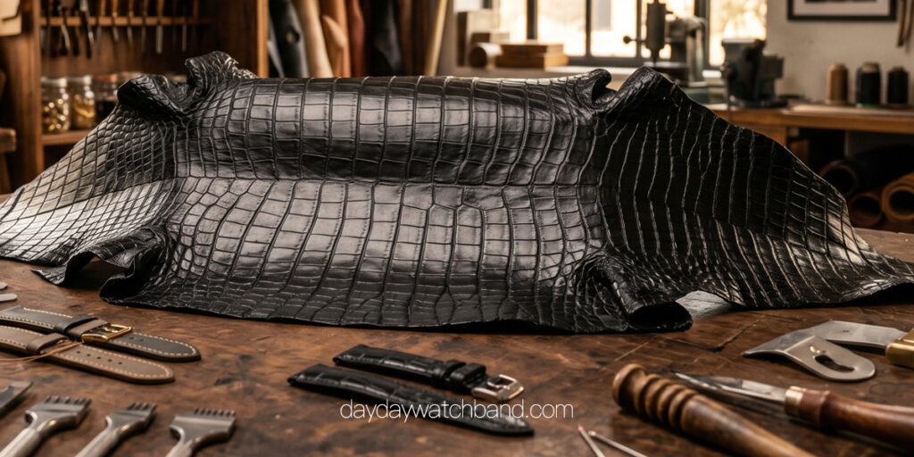 Full American alligator hide displayed in DAYDAY watchband workshop alongside leather craft tools, representing the raw material used in made to order watch straps