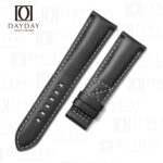 Black calfskin replacement strap for Patek Philippe Calatrava Pilot Travel Time 5524 with white saddle stitching and cross-stitch keeper