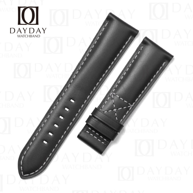Black calfskin replacement strap for Patek Philippe Calatrava Pilot Travel Time 5524 with white saddle stitching and cross-stitch keeper