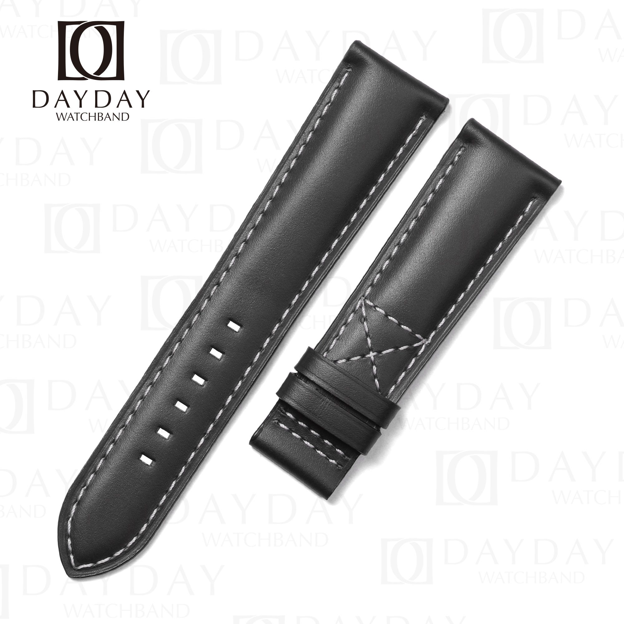 Custom calfskin Leather strap for Patek Philippe 5524 (Multi-color) 13 Black calfskin replacement strap for Patek Philippe Calatrava Pilot Travel Time 5524 with white saddle stitching and cross-stitch keeper