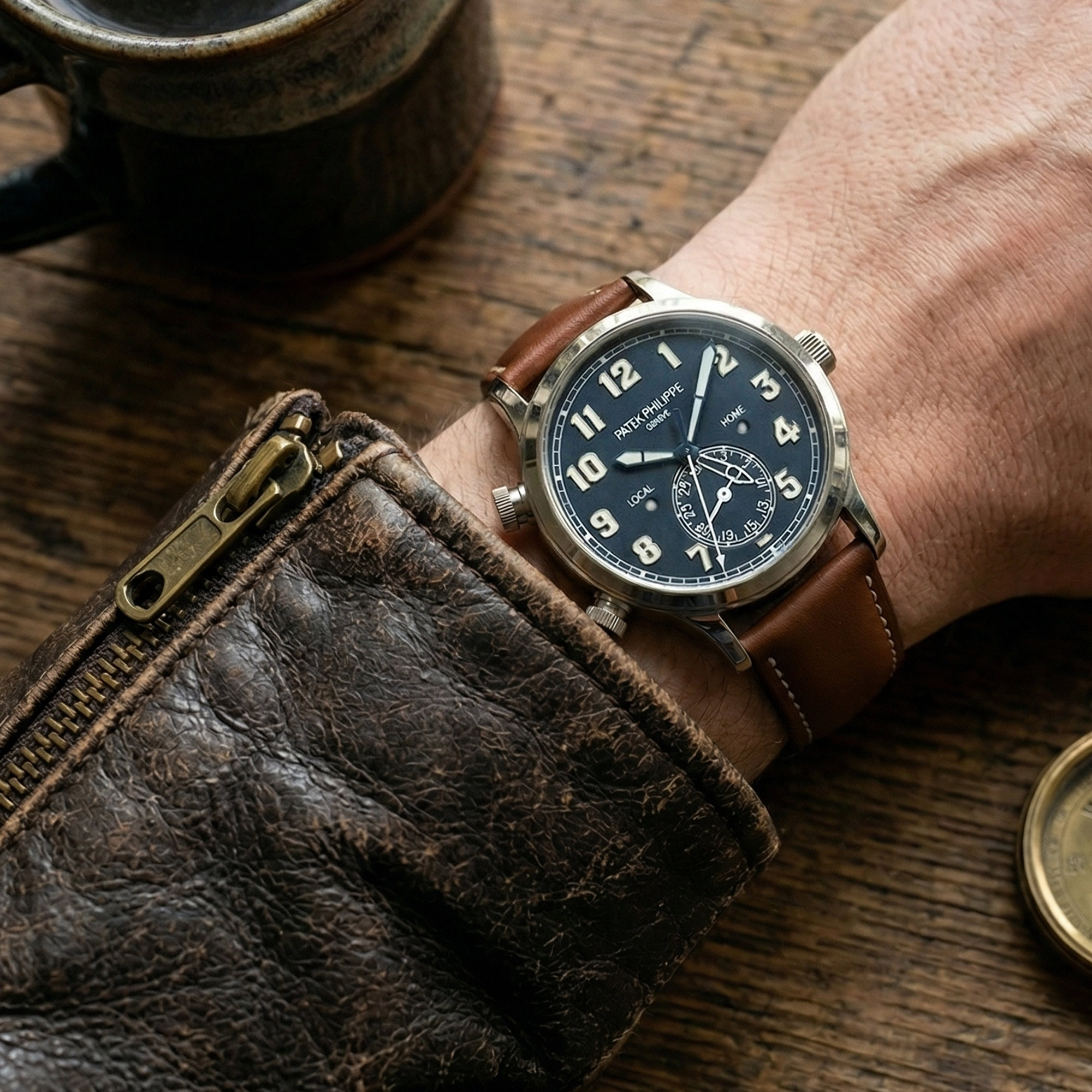 Custom calfskin Leather strap for Patek Philippe 5524 (Multi-color) 2 Patek Philippe Calatrava Pilot Travel Time 5524 on wrist with brown calfskin replacement strap, vintage leather wallet and compass on wooden table