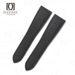 Black sailcloth watch strap for Cartier Calibre de Cartier on white background, displaying full strap profile with rounded ends