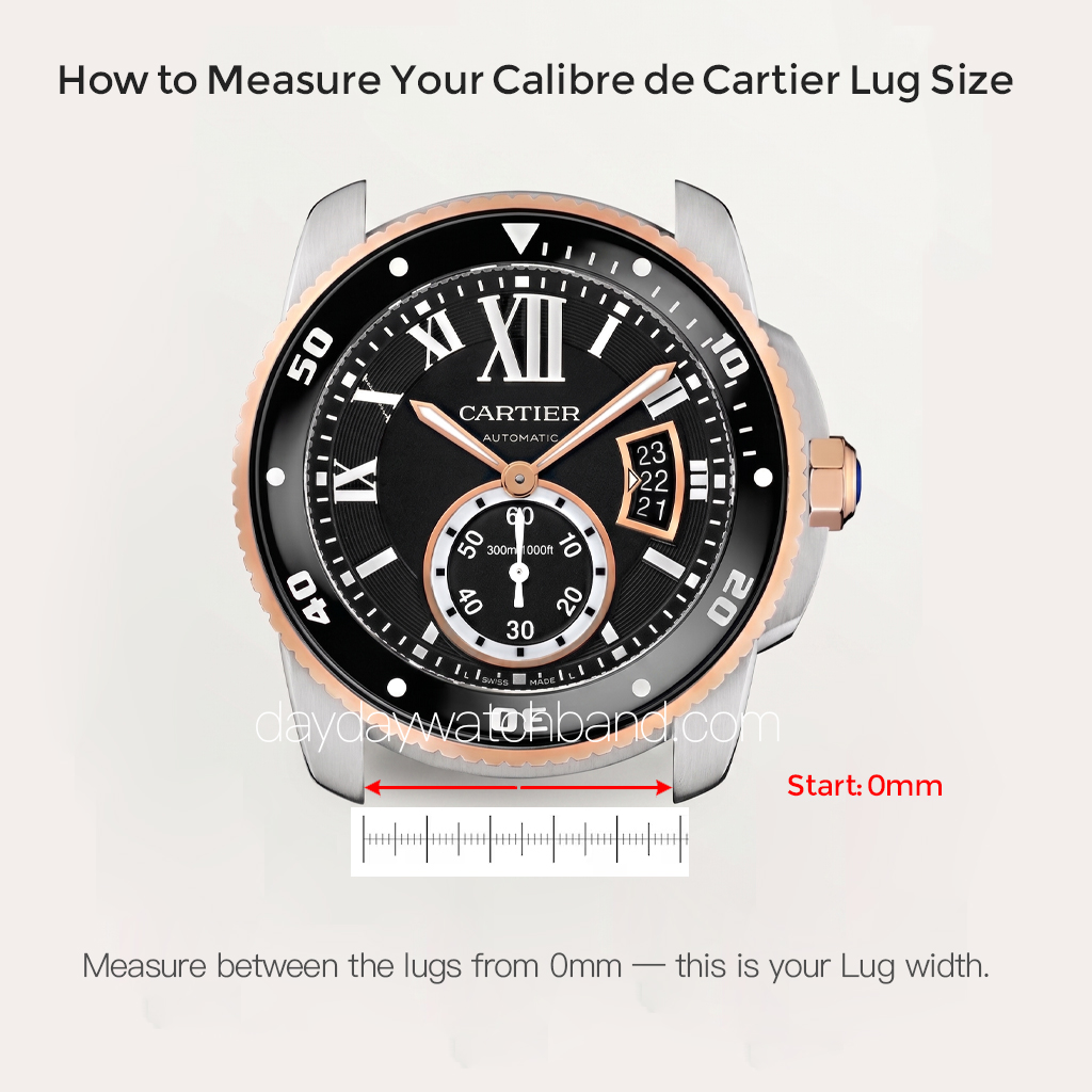 How to measure lug size for sailcloth watch strap for Cartier Calibre de Cartier — place ruler at 0mm between the lugs to find your correct strap width