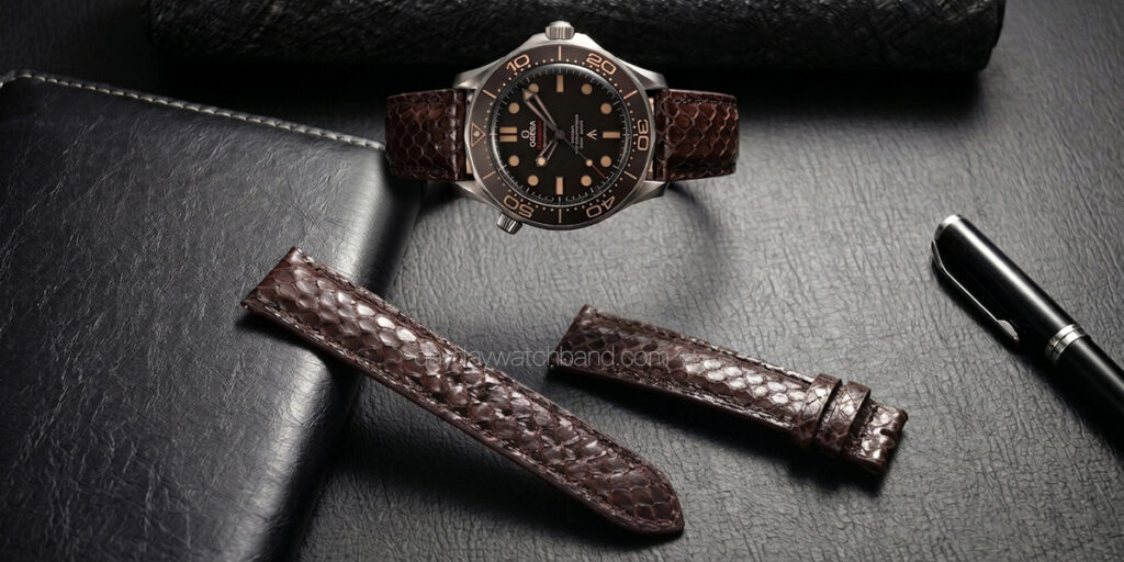 Brown snakeskin watch strap paired with Omega Seamaster watch