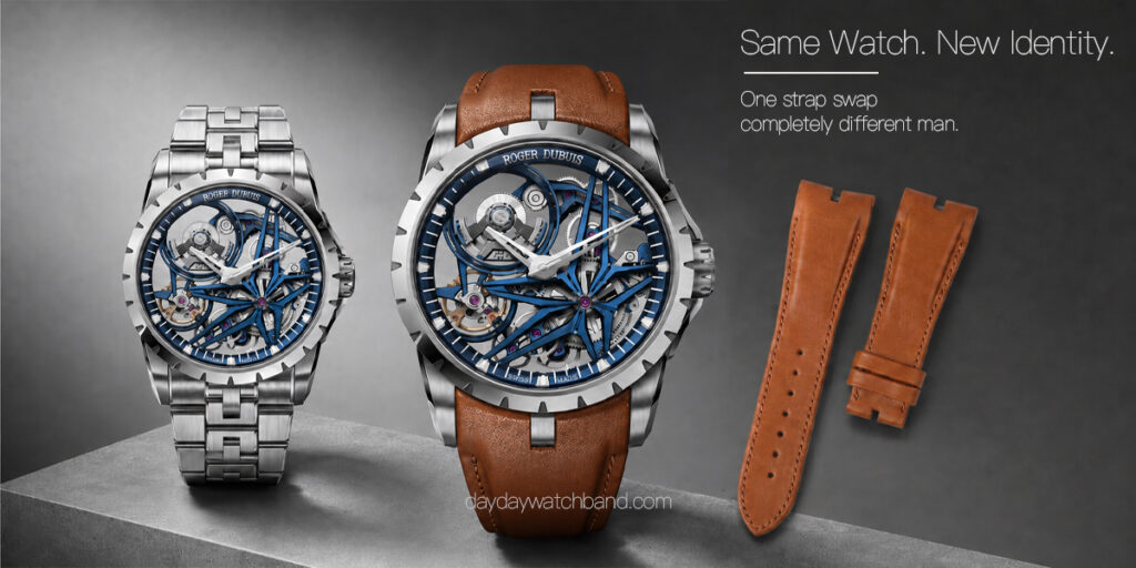 Watch strap for Roger Dubuis Excalibur – cognac calfskin personalized leather watch band vs steel bracelet comparison on Excalibur skeleton