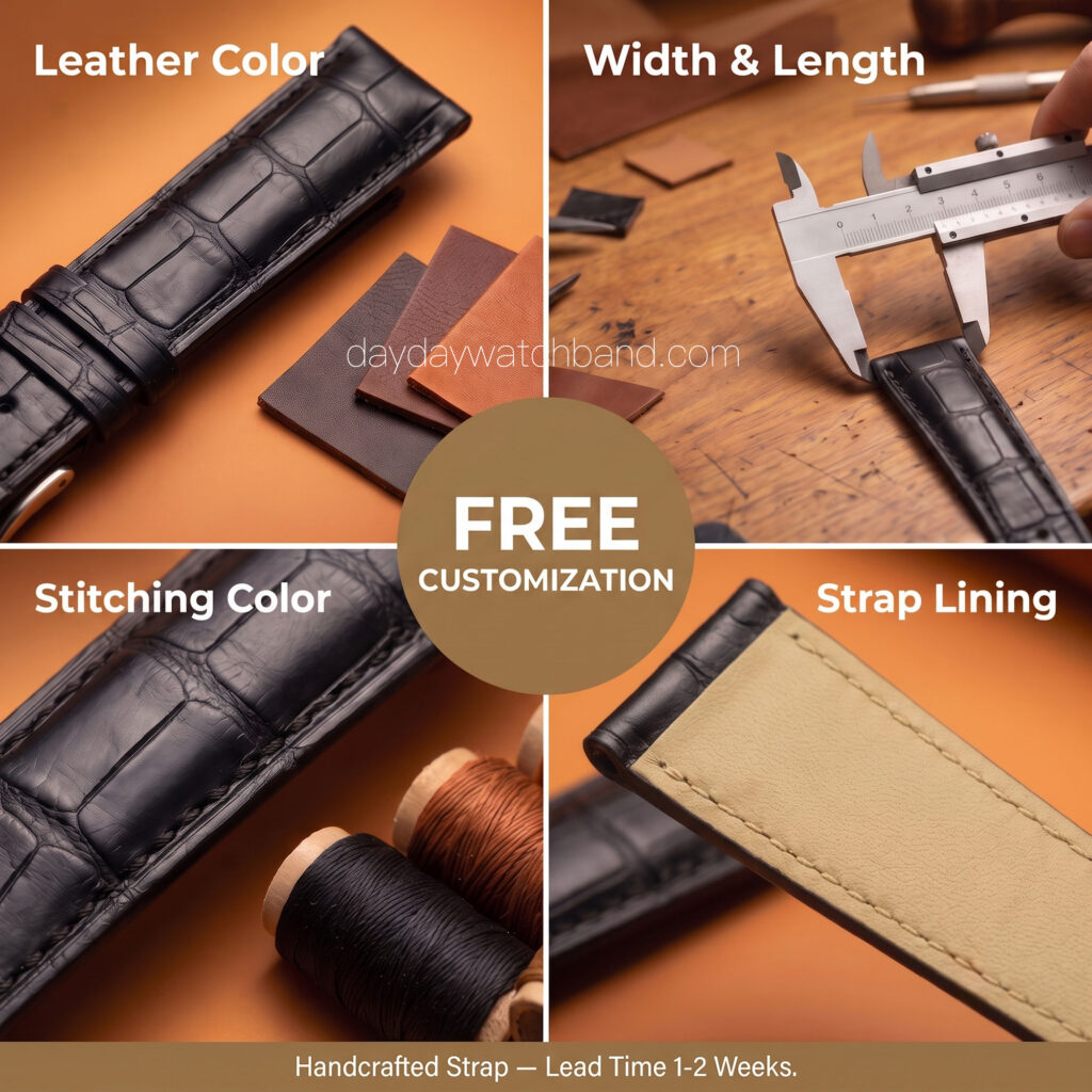 Bespoke Alligator Leather Band for Rolex Daytona (Multiple Colors) 20 Handmade-bespoke-watch-straps-Free-customization-options-for-color-size-stitching-and-lining
