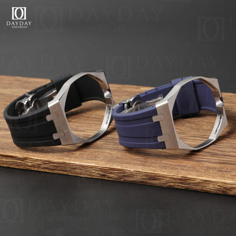 Strap-for-Swatch-Audemars-Piguet-316L-Stainless-Steel-Case-Silicone-Band-Mod-Kit-black-blue-with-butterfly-clasp