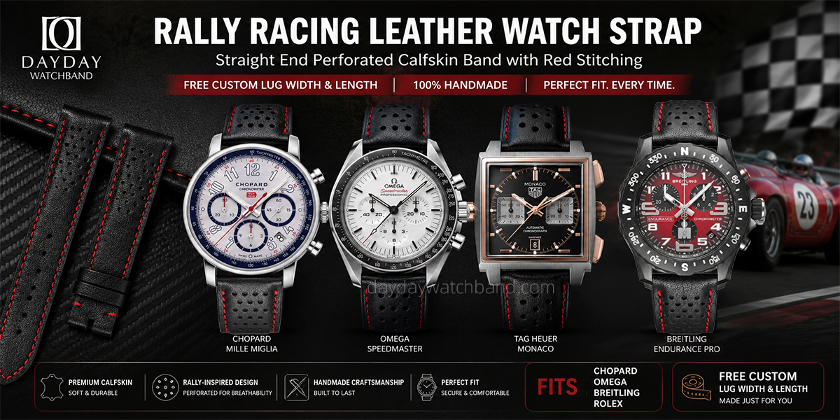 Custom Calfskin Leather rally watch straps for Chopard Mille Miglia, Omega Speedmaster 1 Custom Leather Rally Watch Straps For Chopard Mille Miglia Omega