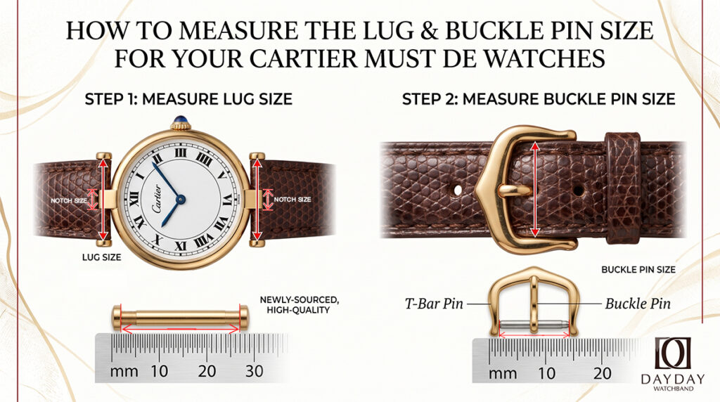 Custom round scale alligator watch strap for Vintage Cartier Vendemo Must De (Multi-color) 3 HOW-TO-MEASURE-THE-LUG-BUCKLE-PIN-SIZE-FOR-YOUR-CARTIER-MUST-De-Vendome-VINTAGE