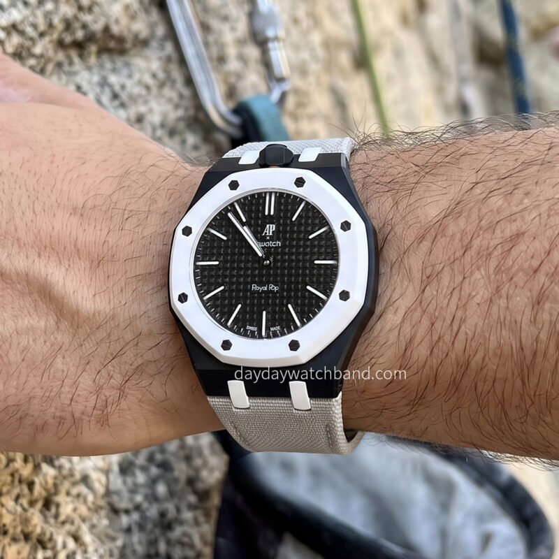 Handmade-custom-Audemars-Piguet-Swatch-strap-on-wrist