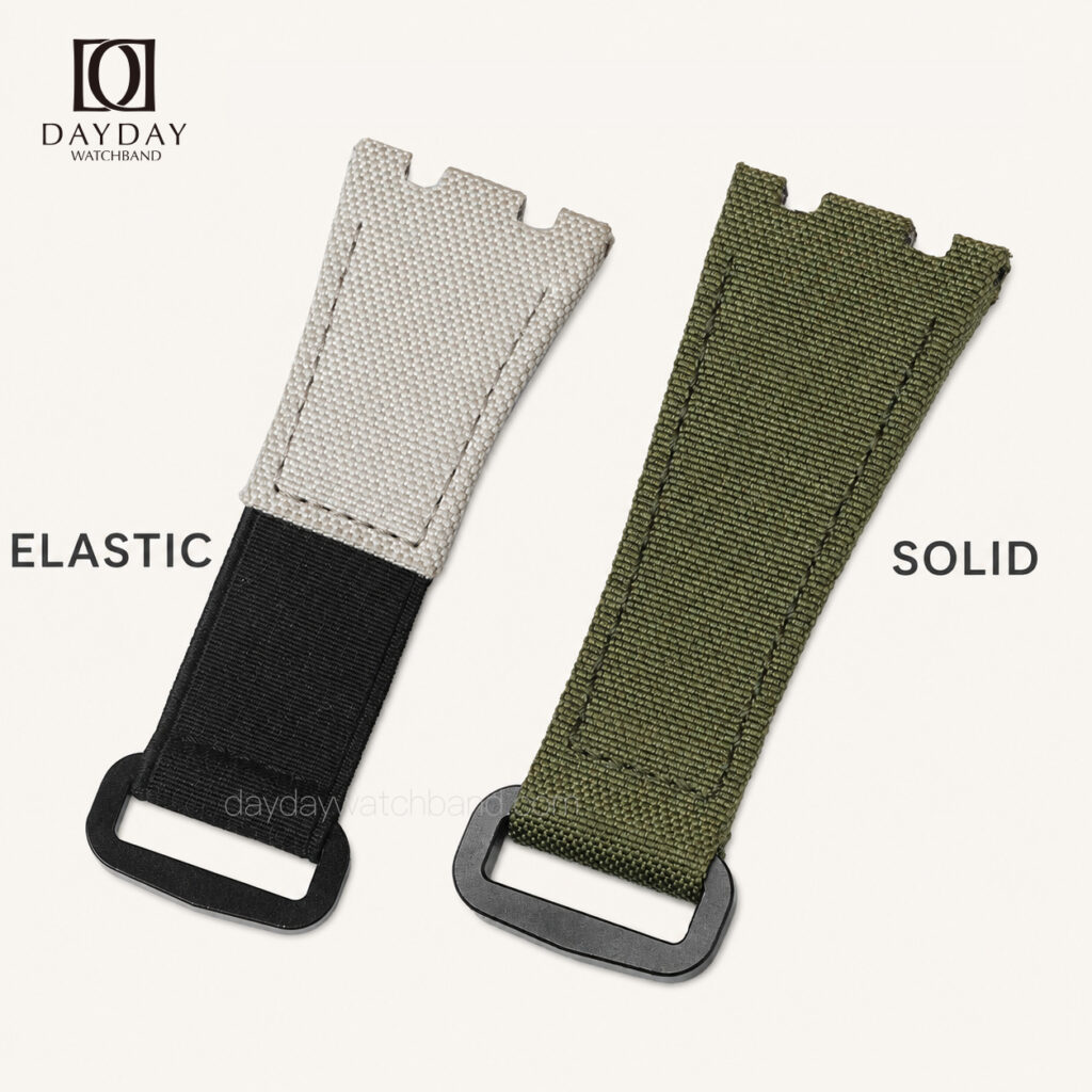 Custom Canvas Hook & Loop Strap for Swatch Royal Pop (Multiple Colors) 19 Velcro-Canvas-watch-band-for-swatch-audemars-piguet-with-two-buckle-end-options-elastic-stretch-segment-vs-solid-non-stretch-both-fully-customizable