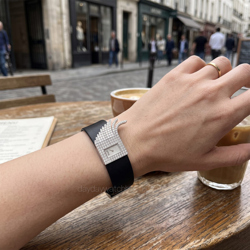custom-black-satin-watch-straps-for-Piaget-on-wrist