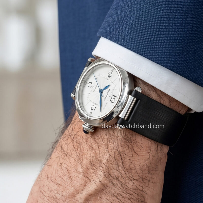 personalized Black Satin cartier pasha replacement strap on wrist