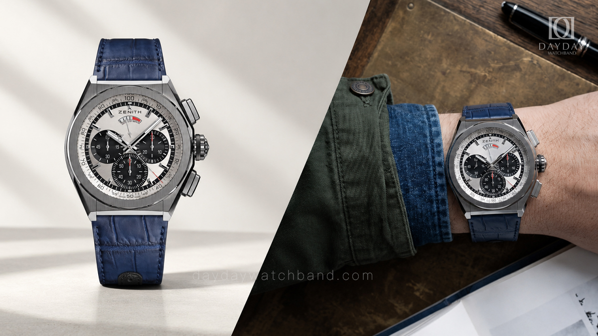 Custom Alligator Leather Strap for Zenith Defy with Metal End- Link (Multiple Colors) 5 Custom Blue Alligator Leather Strap for Zenith Defy El Primero 21 on wrist