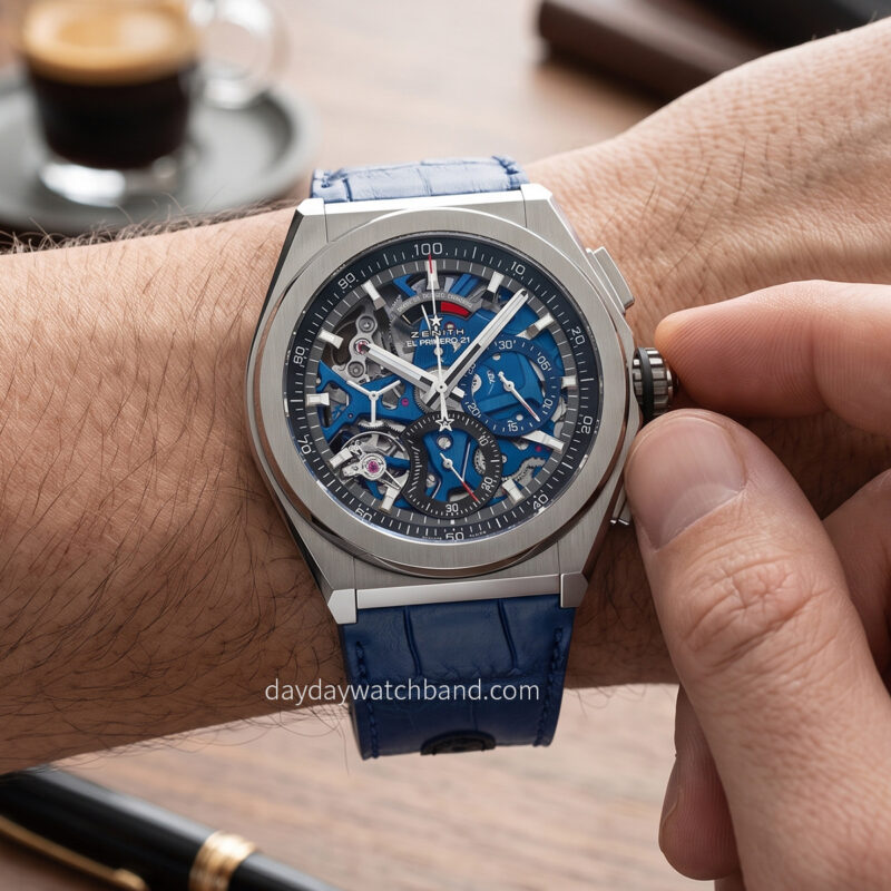 Custom alligator leather strap for Zenith Defy Lab watch on wrist