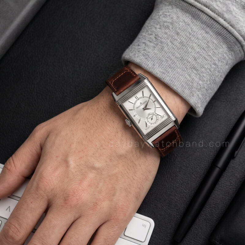 Custom brown leather strap for Jaeger Lecoultre on wrist